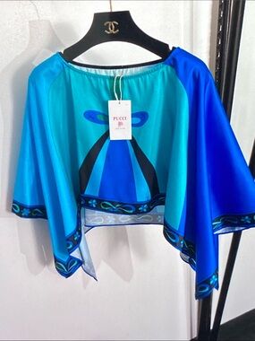 Emilio Pucci Blue & Teal Silk Printed Crop Top